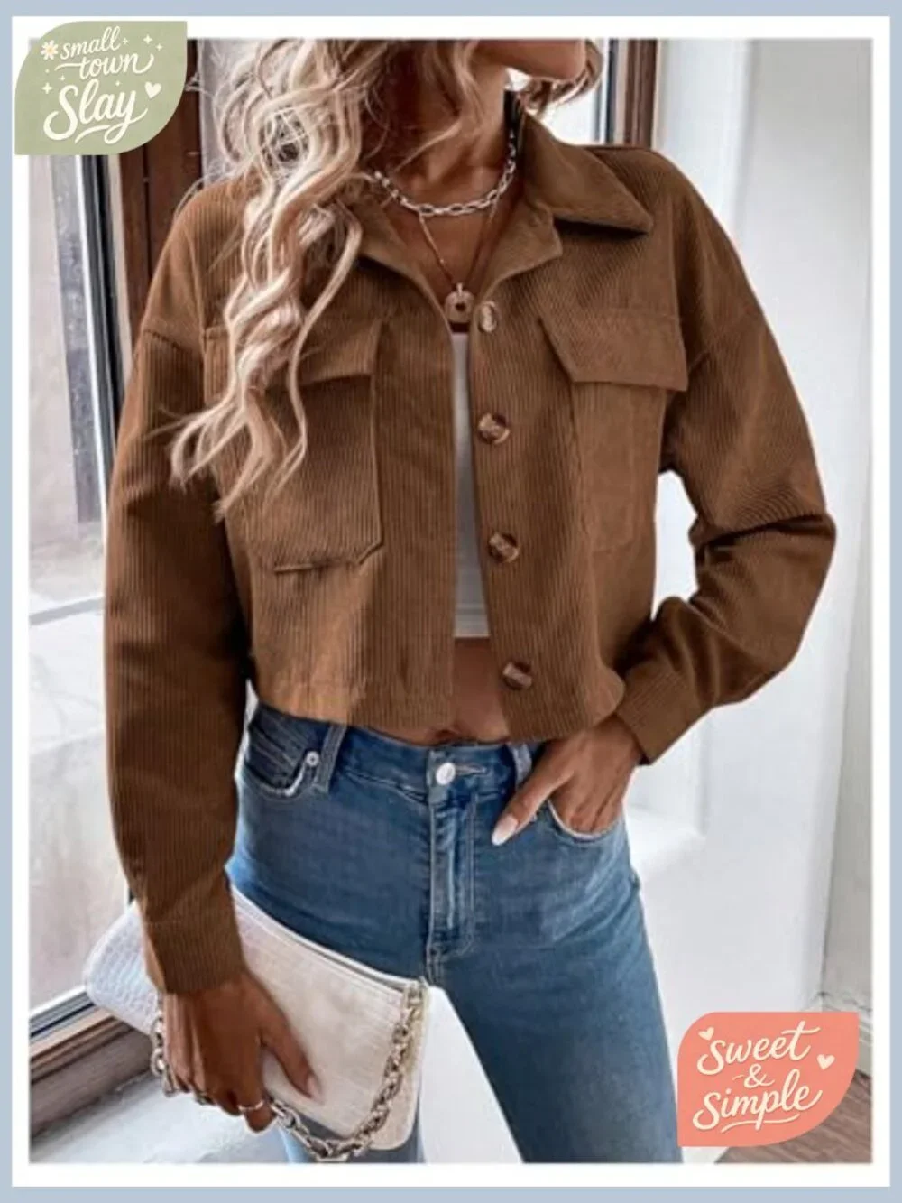 Corduroy Cropped Shacket Jacket Lightweight Long Sleeve Button Down - Picture 3 of 7